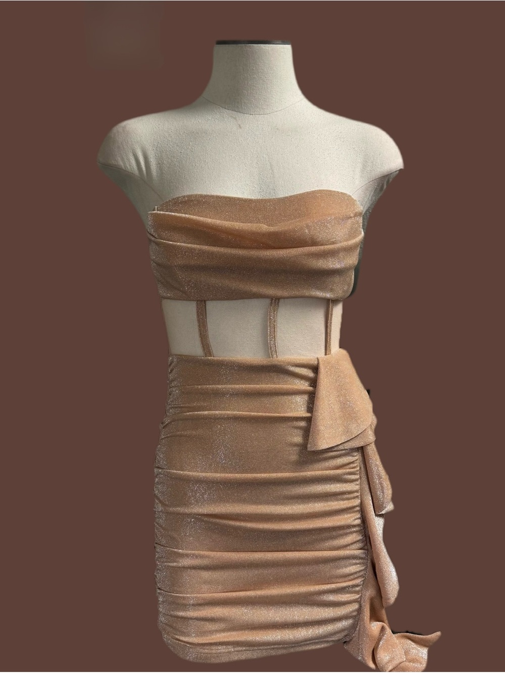 Symphony Shimmery Tan Strapless Cutout Mini Dress